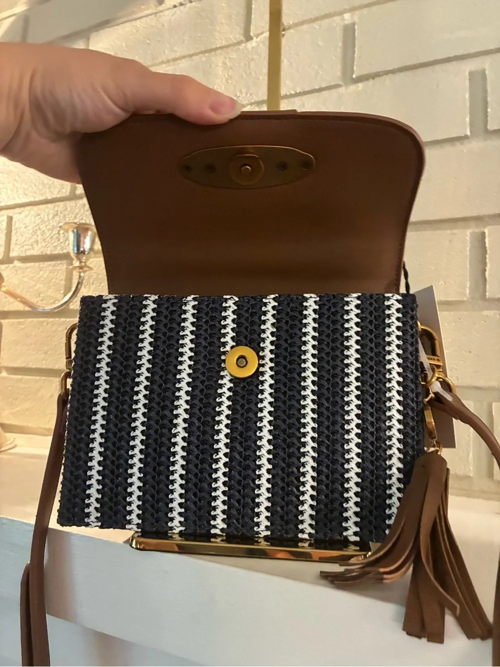 Steve Madden Brown and Navy Woven Style Top-Handle Satchel Crossbody with Tassel - Picture 4 of 16